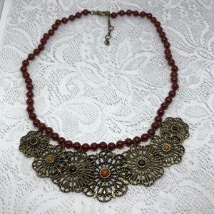 Boho style brass filligree flowers beaded elegant statement necklace